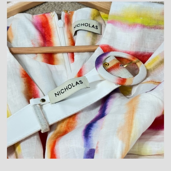Nicholas The Label Linen Dress Shaanti Mini Rainbow Vibrant Puff Sleeve Belted - Picture 10 of 16